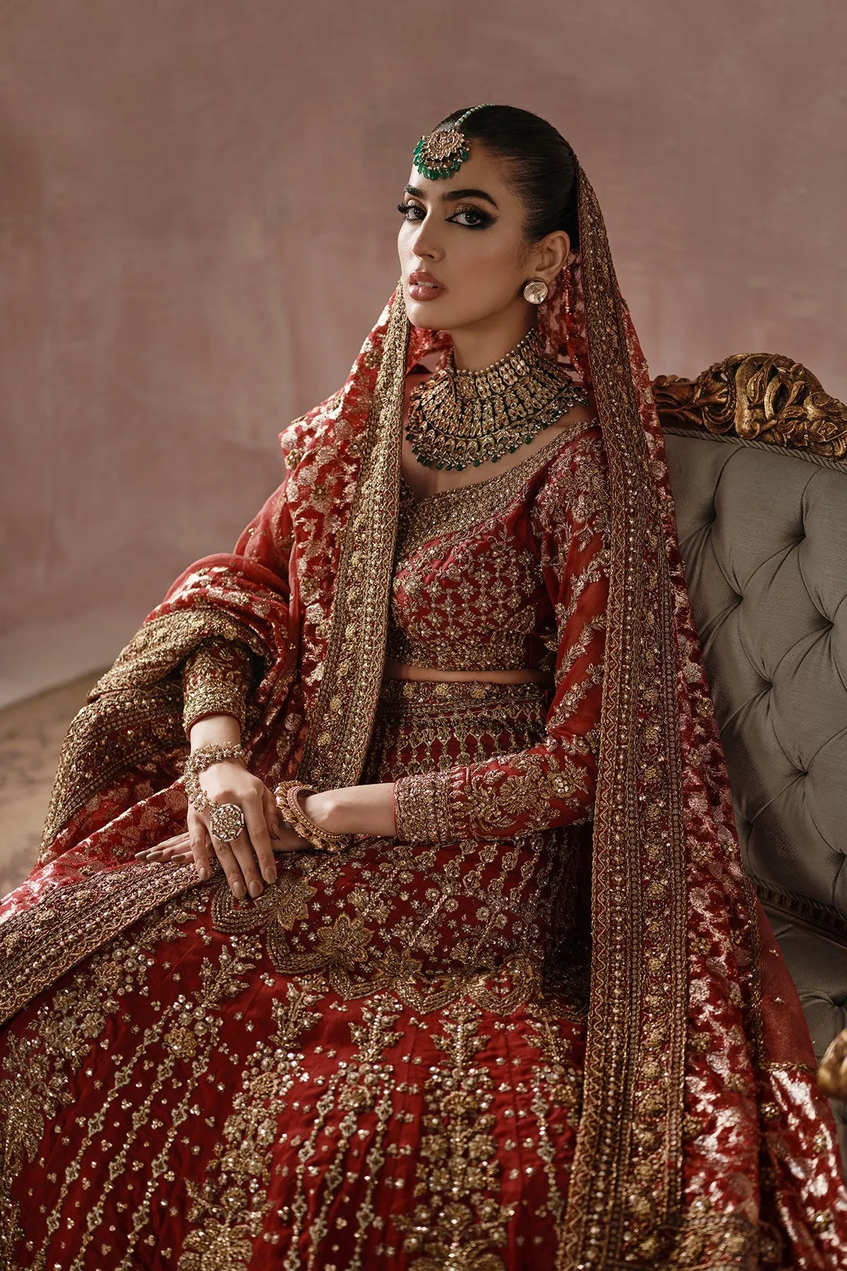 Classic Red Gold Heavily Embellished Pakistani Bridal Dress Lehenga Choli