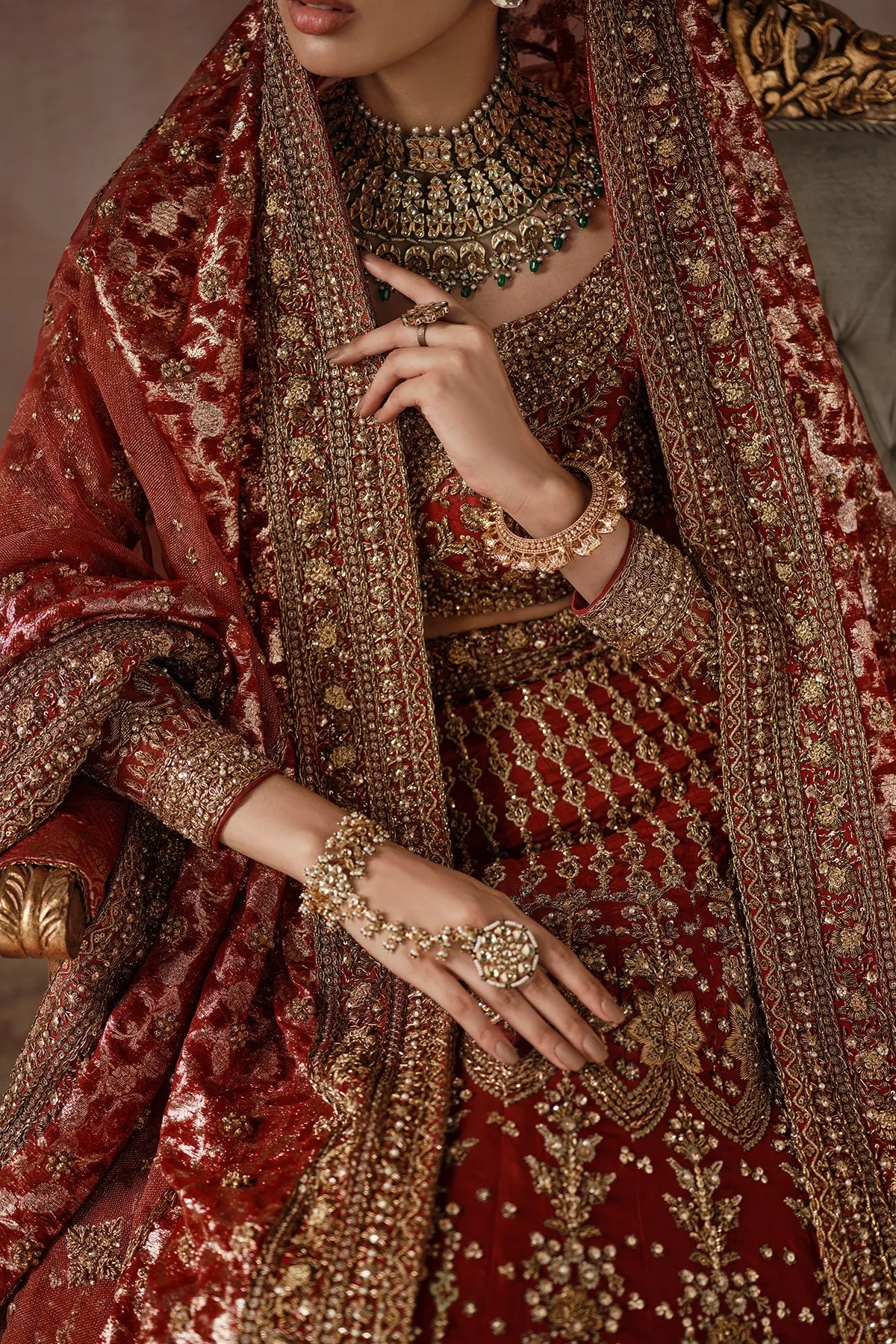 Classic Red Gold Heavily Embellished Pakistani Bridal Dress Lehenga Choli