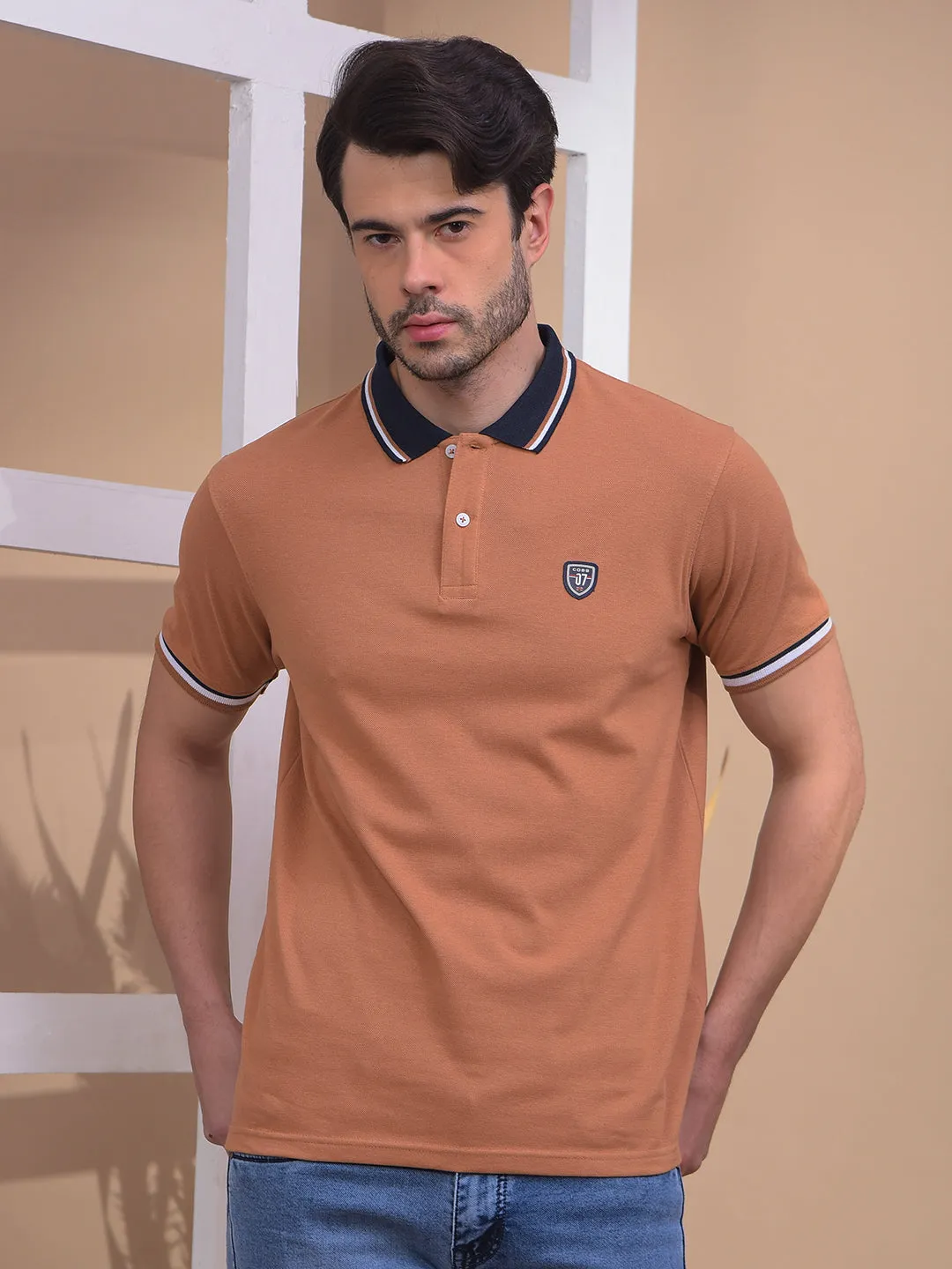 COBB SOLID LIGHT BROWN POLO NECK T-SHIRT