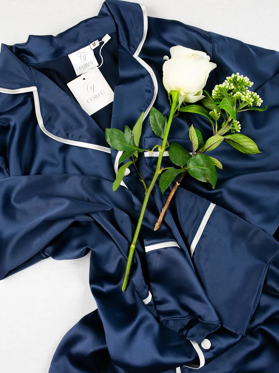 CORFU SOFT STRETCH LUXE SATIN PJS LONG NAVY/WHITE
