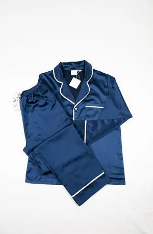 CORFU SOFT STRETCH LUXE SATIN PJS LONG NAVY/WHITE