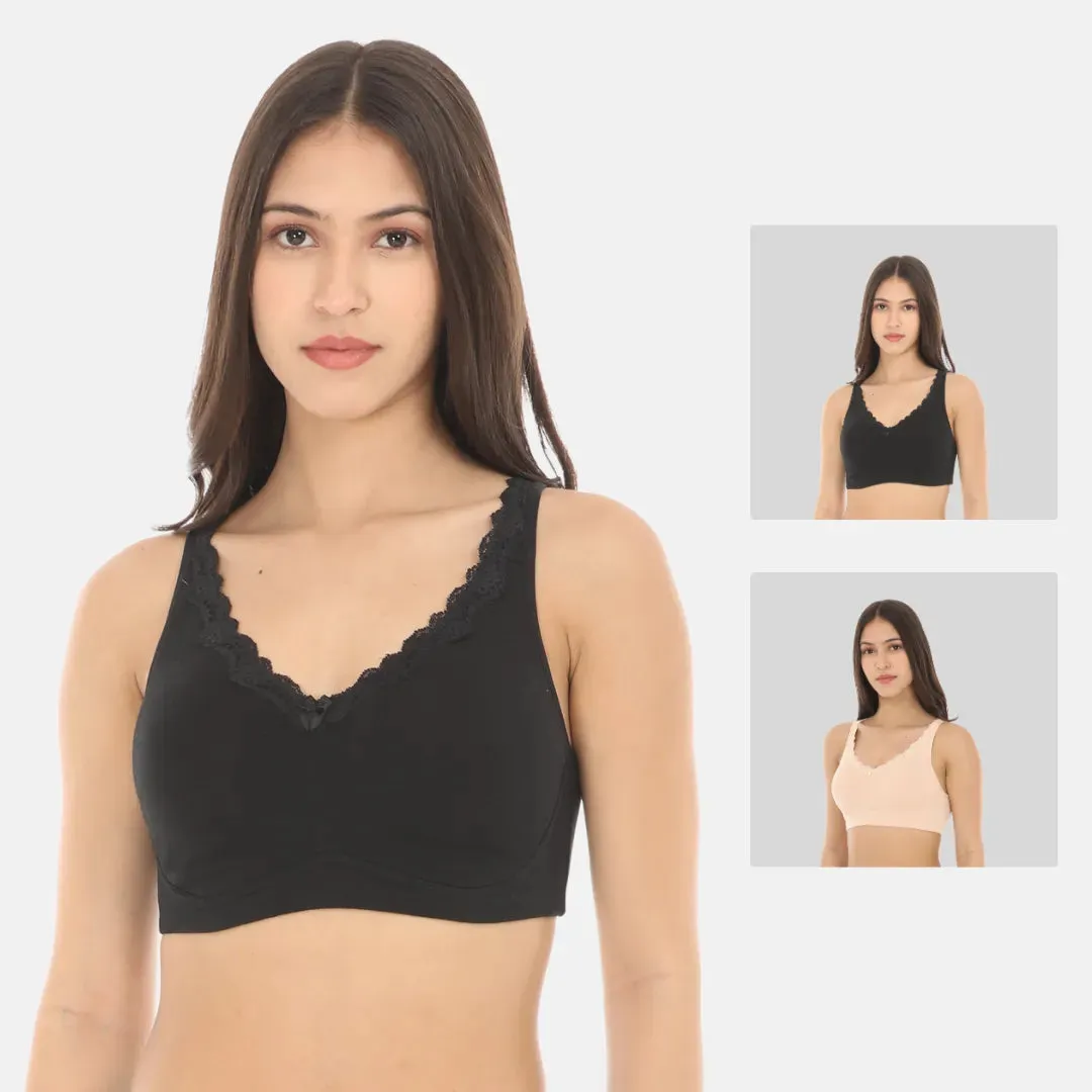 Cotton Bra | Lace Detailing | Full Coverage | Wire-Free & Non-Padded | Seamless Cups | No Centre Panel | Hidden Side Panels | 2 Pack