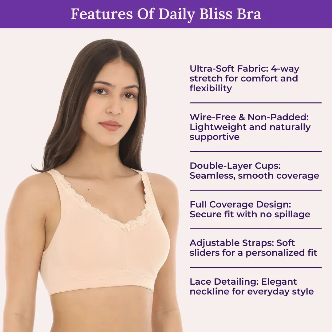 Cotton Bra | Lace Detailing | Full Coverage | Wire-Free & Non-Padded | Seamless Cups | No Centre Panel | Hidden Side Panels | 2 Pack