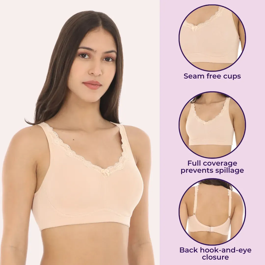 Cotton Bra | Lace Detailing | Full Coverage | Wire-Free & Non-Padded | Seamless Cups | No Centre Panel | Hidden Side Panels | 2 Pack