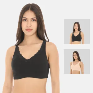 Cotton Bra | Lace Detailing | Full Coverage | Wire-Free & Non-Padded | Seamless Cups | No Centre Panel | Hidden Side Panels | 2 Pack
