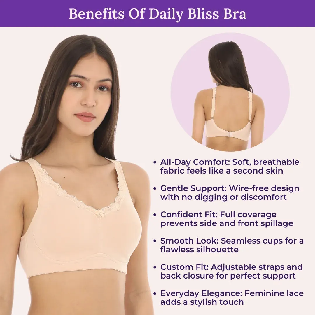 Cotton Bra | Lace Detailing | Full Coverage | Wire-Free & Non-Padded | Seamless Cups | No Centre Panel | Hidden Side Panels | 2 Pack