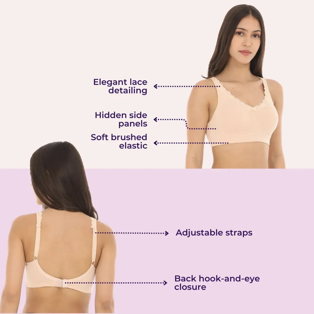 Cotton Bra | Lace Detailing | Full Coverage | Wire-Free & Non-Padded | Seamless Cups | No Centre Panel | Hidden Side Panels | 2 Pack