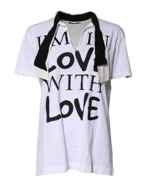Dolce & Gabbana White Cotton Silk Blend Ascot Collar T-shirt