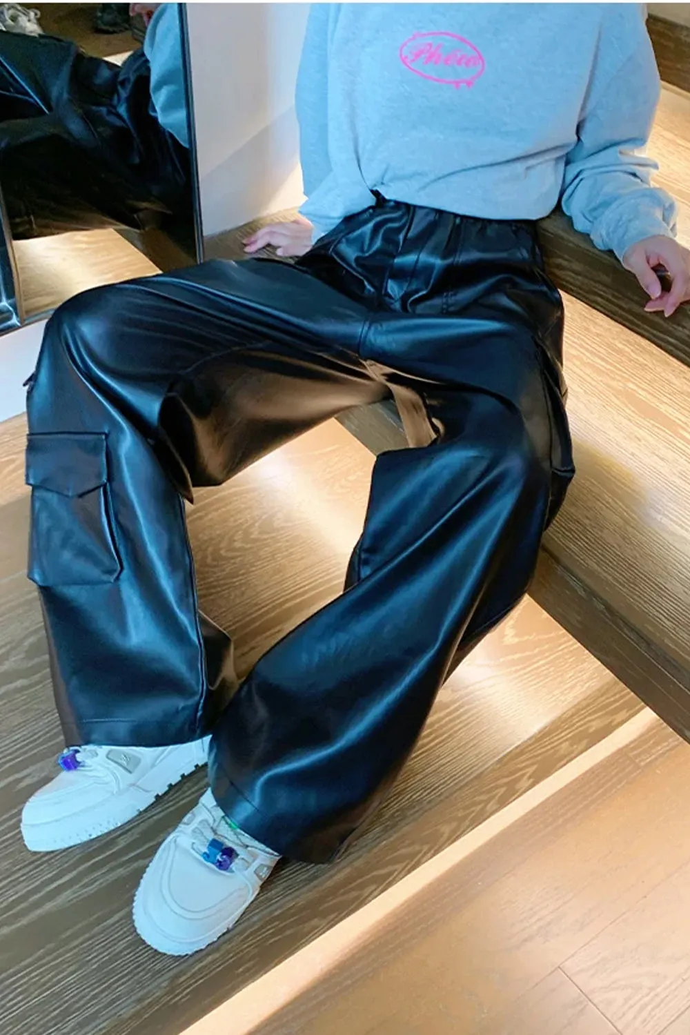 Elastic Waist Loose Cargo Multi Pockets Leather Pants