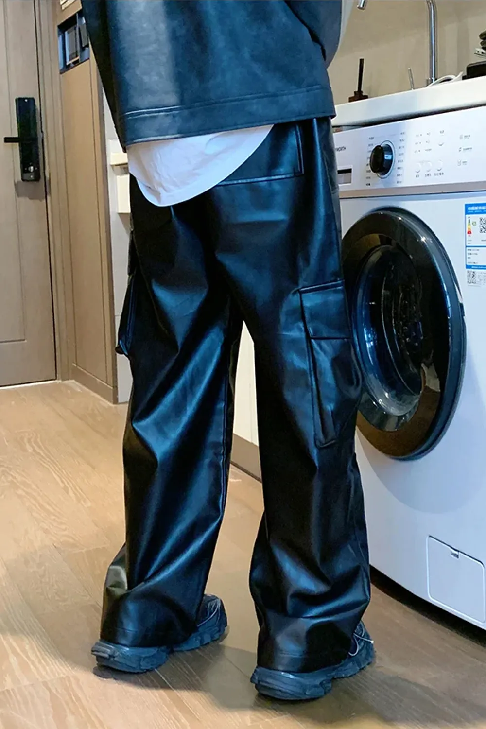 Elastic Waist Loose Cargo Multi Pockets Leather Pants