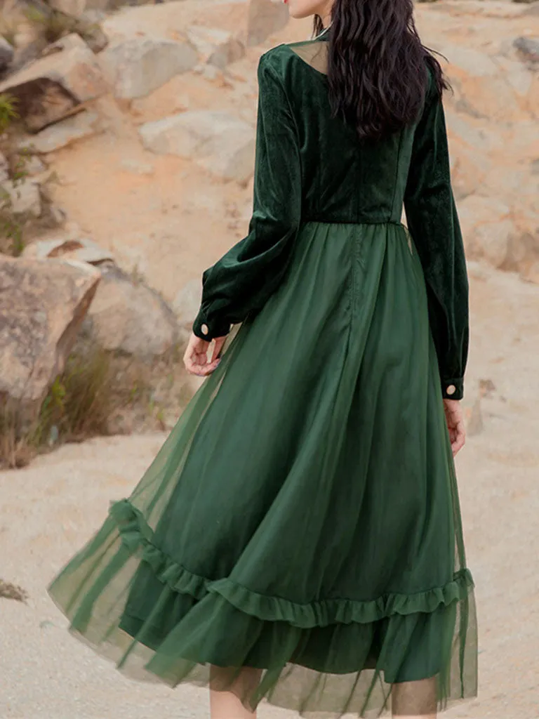 Emeral Green Semi Sheer Long Sleeve 1950S Velvet Vintage Dress