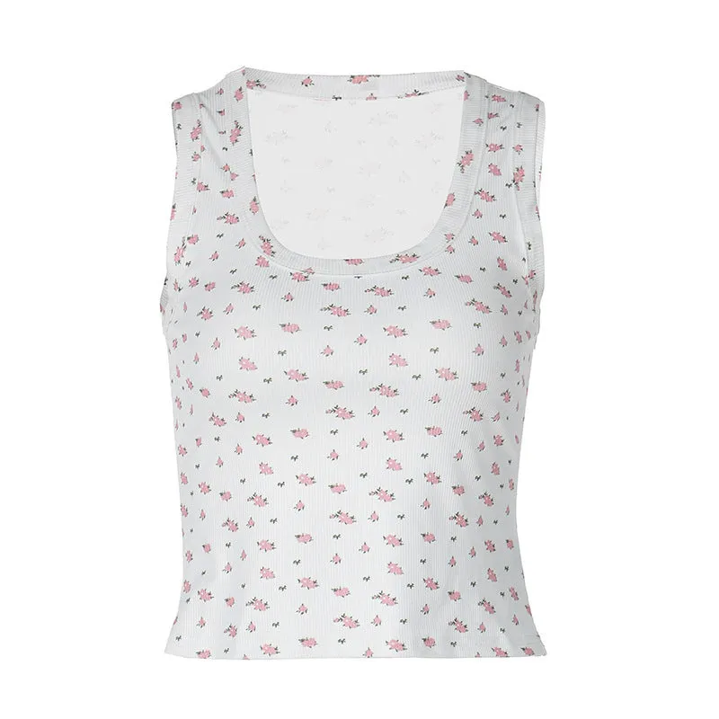 European And American U-neck Sleeveless T-shirt Fashion Floral Slim-fitting Vest