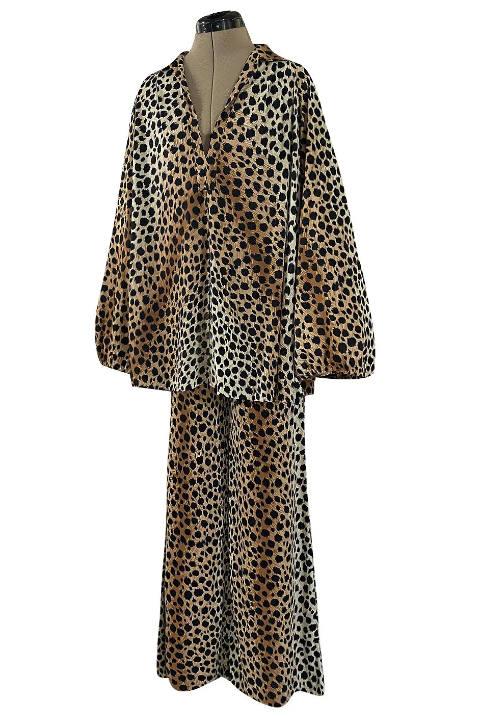 Fabulous 1970s Neiman Marcus Nylon Jersey Leopard Print Tuni & Flared Pant Set