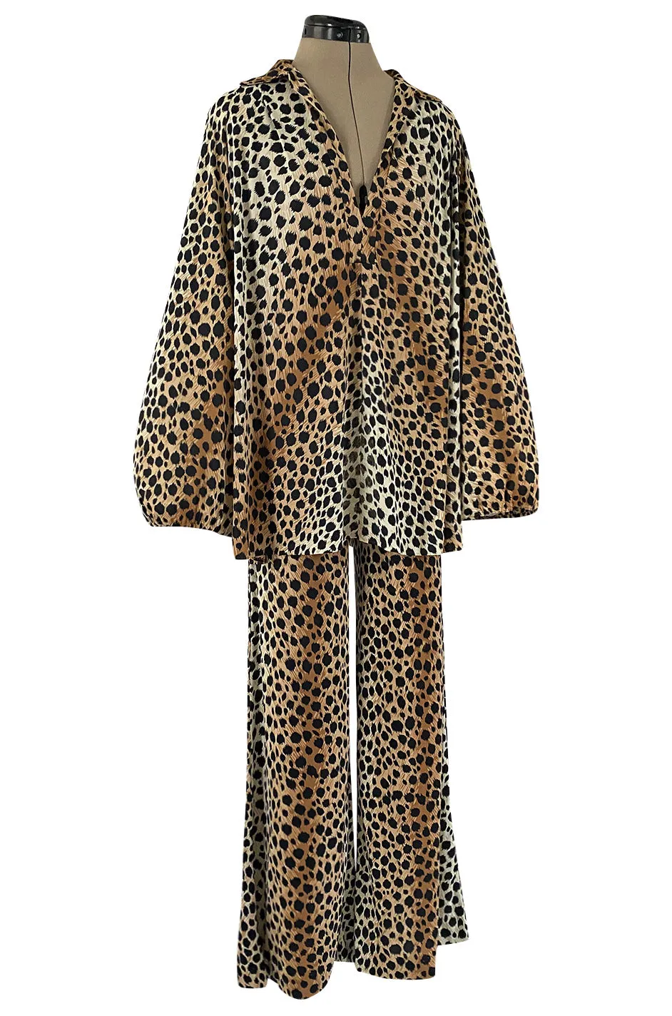 Fabulous 1970s Neiman Marcus Nylon Jersey Leopard Print Tuni & Flared Pant Set