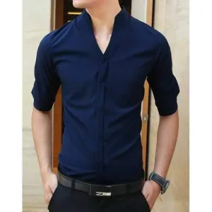 Fashion Stand Collar Slimming Simple Solid Color 1/2 Sleeve Polyester Shirt For Men - Cadetblue Xl