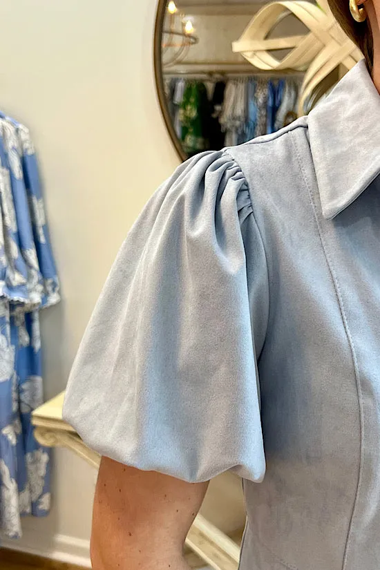 Faux Suede Puff Sleeve Dress in Light Blue