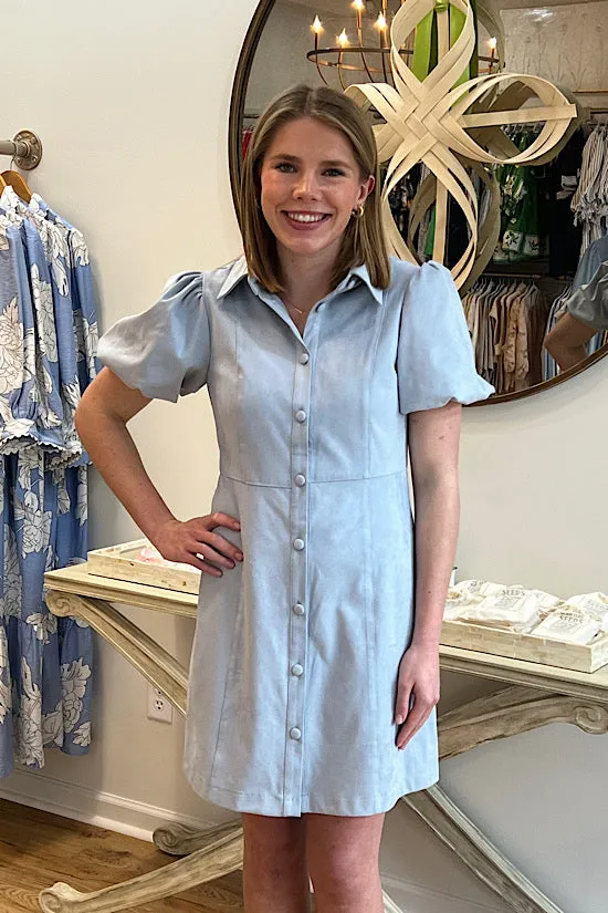 Faux Suede Puff Sleeve Dress in Light Blue