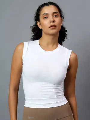 Fitkin Women White Fitted Crop Tank