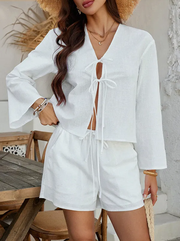 Flared Sleeves Long Sleeves Solid Color Tied V-Neck Blouses&Shirts Tops   Shorts Bottom Two Pieces Set