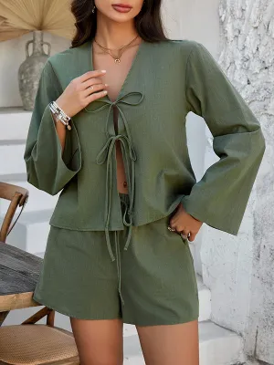Flared Sleeves Long Sleeves Solid Color Tied V-Neck Blouses&Shirts Tops   Shorts Bottom Two Pieces Set