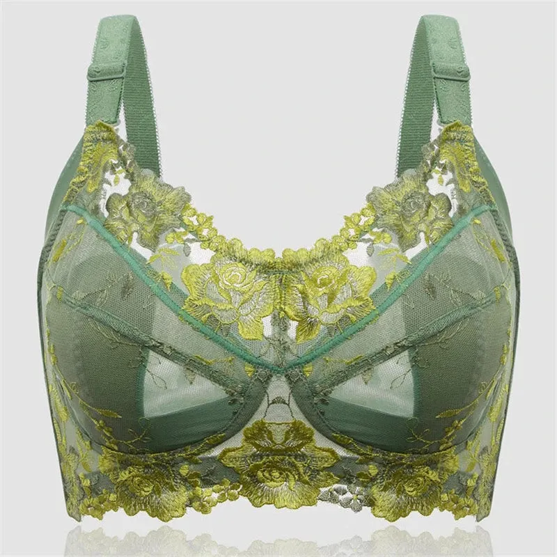 Flower Embroidered Jacquard Wireless Lace Bras - Green