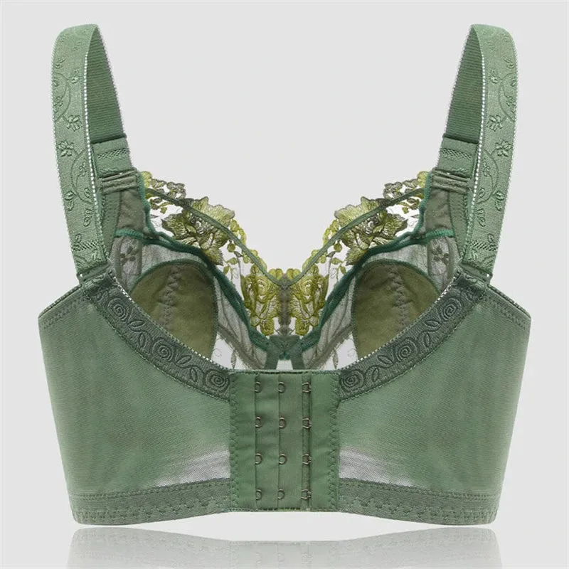 Flower Embroidered Jacquard Wireless Lace Bras - Green