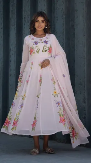 Georgette Anarkali Kurta & Dupatta Set with Brush Paintwork – Elegant Festive Wear