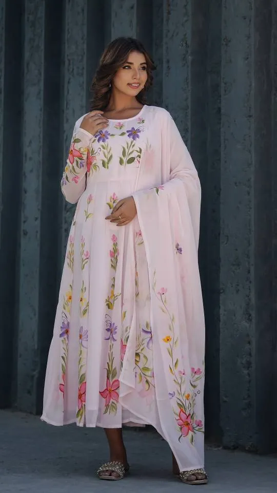 Georgette Anarkali Kurta & Dupatta Set with Brush Paintwork – Elegant Festive Wear