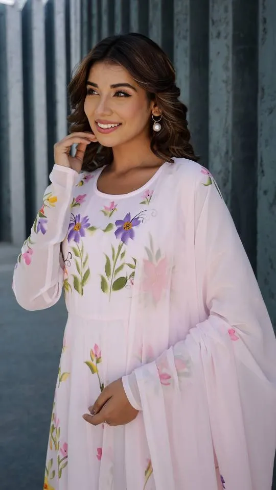 Georgette Anarkali Kurta & Dupatta Set with Brush Paintwork – Elegant Festive Wear