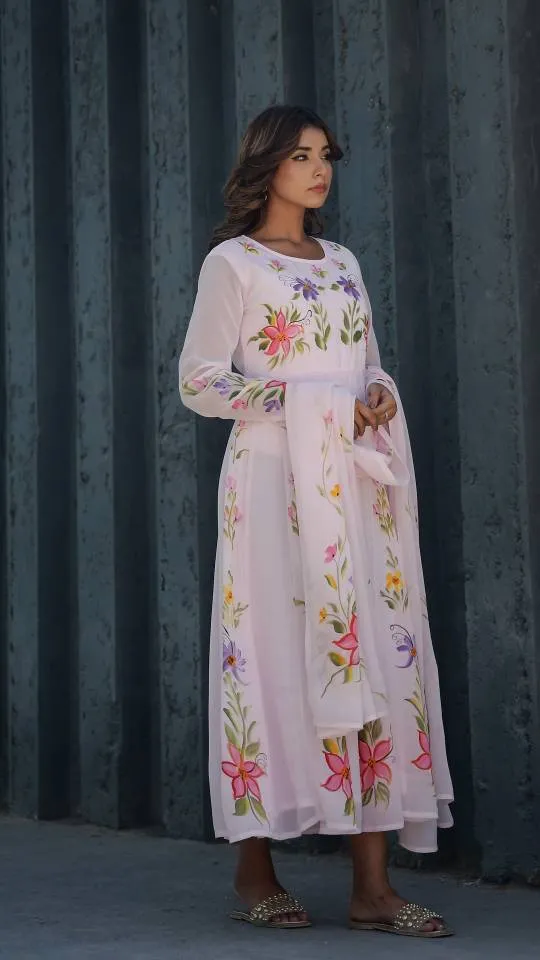 Georgette Anarkali Kurta & Dupatta Set with Brush Paintwork – Elegant Festive Wear