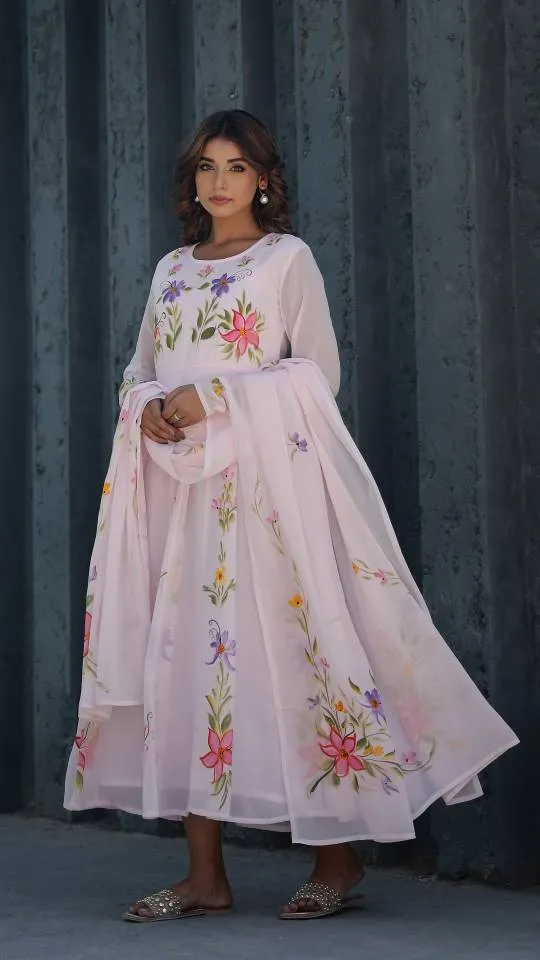 Georgette Anarkali Kurta & Dupatta Set with Brush Paintwork – Elegant Festive Wear