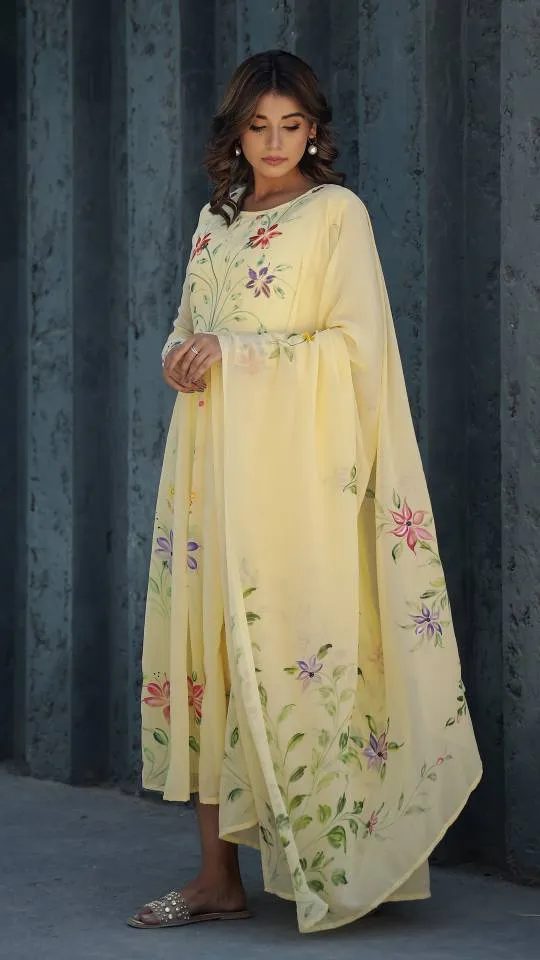 Georgette Anarkali Kurta & Dupatta Set with Hand-Painted Brush Work – Elegant Festive Wear