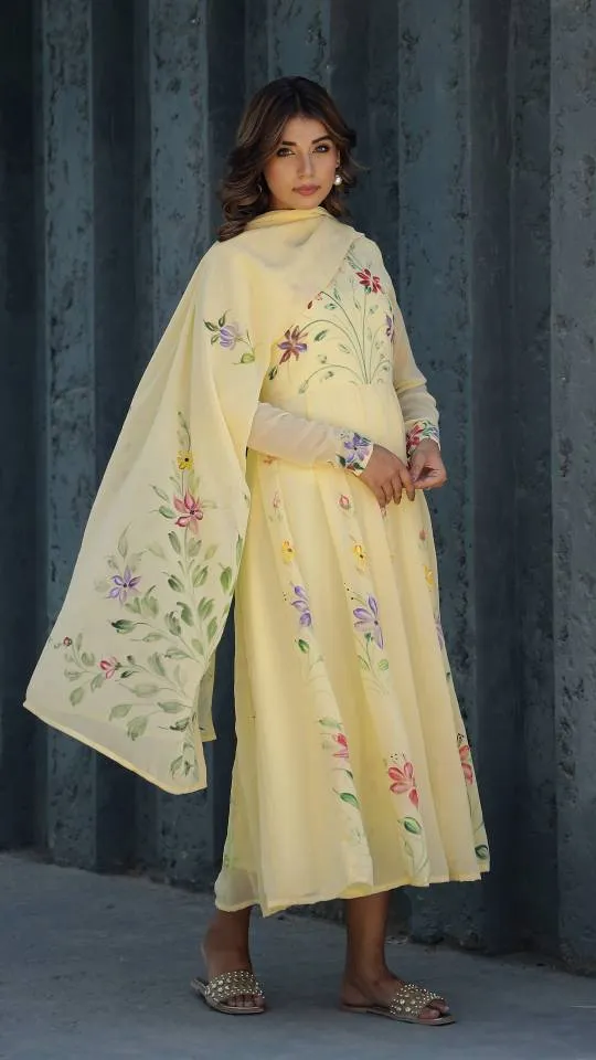 Georgette Anarkali Kurta & Dupatta Set with Hand-Painted Brush Work – Elegant Festive Wear
