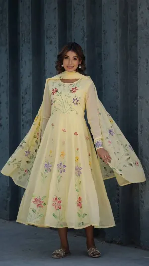 Georgette Anarkali Kurta & Dupatta Set with Hand-Painted Brush Work – Elegant Festive Wear