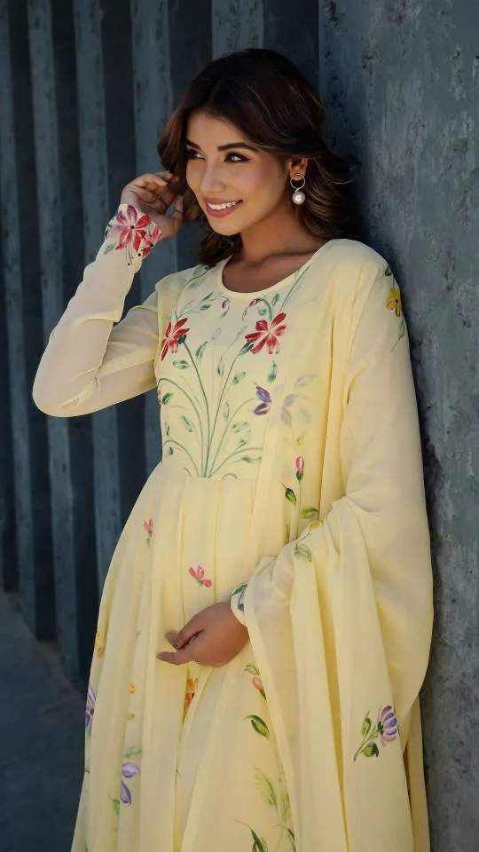 Georgette Anarkali Kurta & Dupatta Set with Hand-Painted Brush Work – Elegant Festive Wear