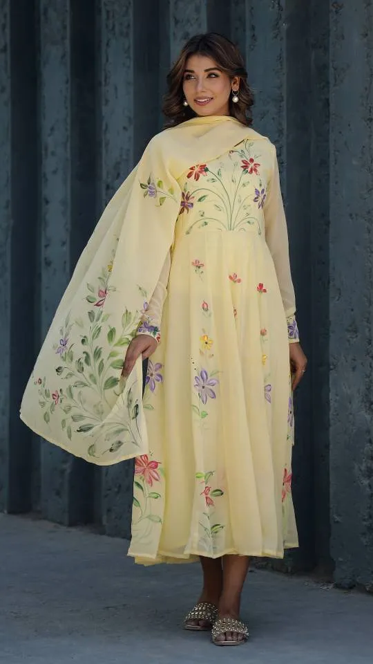 Georgette Anarkali Kurta & Dupatta Set with Hand-Painted Brush Work – Elegant Festive Wear