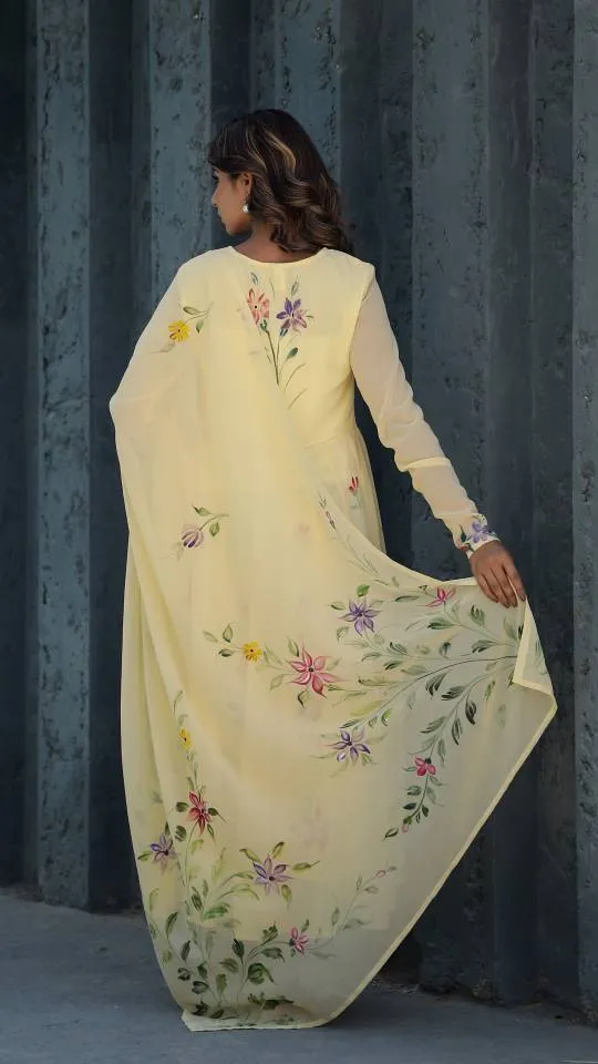 Georgette Anarkali Kurta & Dupatta Set with Hand-Painted Brush Work – Elegant Festive Wear