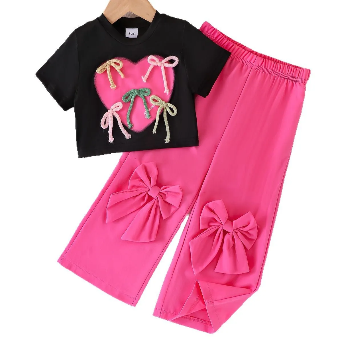 Girls suits love print short-sleeved T-shirts   bow trousers new products