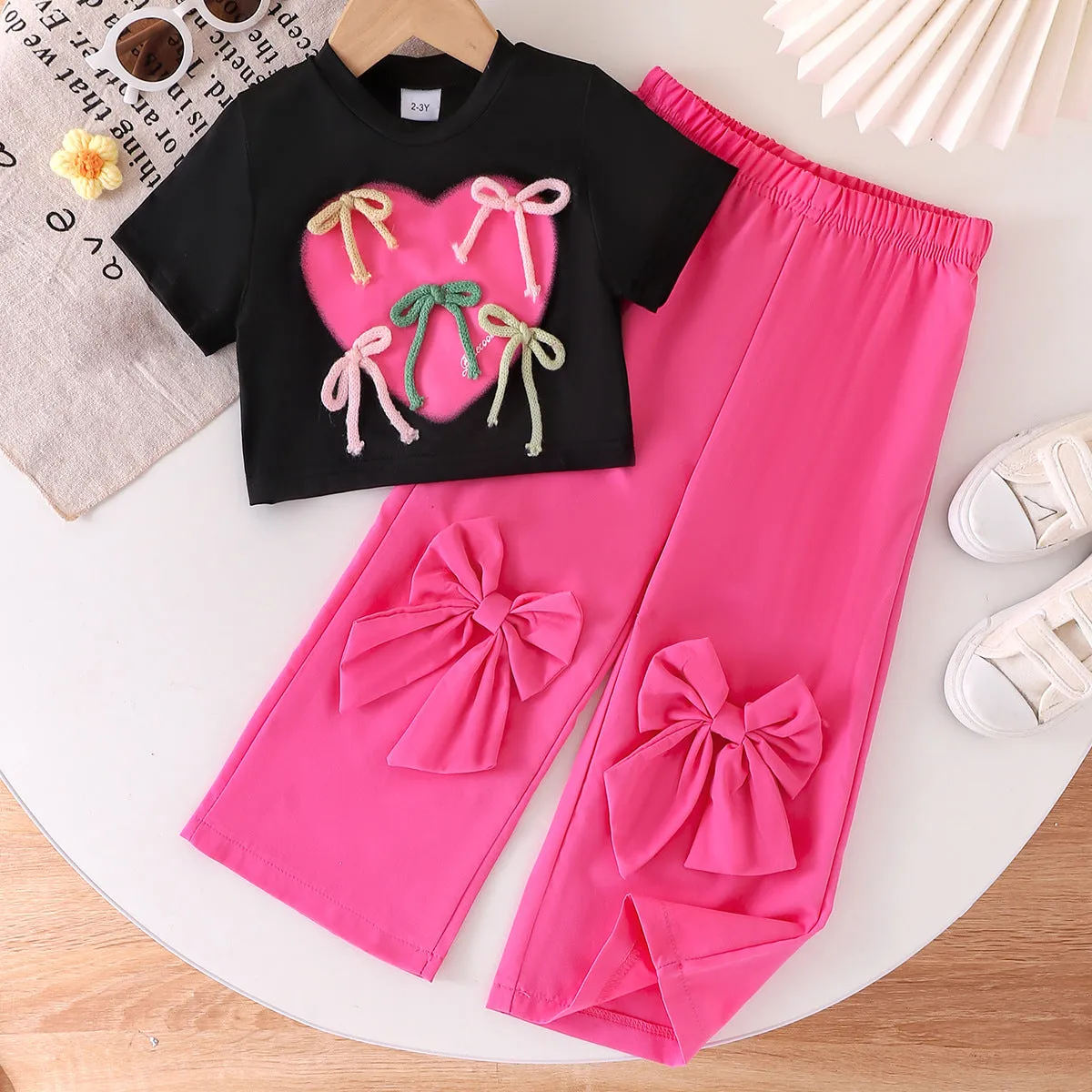 Girls suits love print short-sleeved T-shirts   bow trousers new products