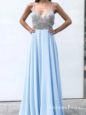 Gorgeous V Neck Spaghetti Strap Chiffon Light Blue Long Prom Dresses with Beaded, QB0605