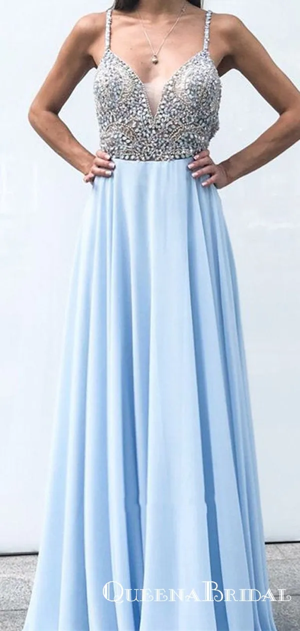 Gorgeous V Neck Spaghetti Strap Chiffon Light Blue Long Prom Dresses with Beaded, QB0605