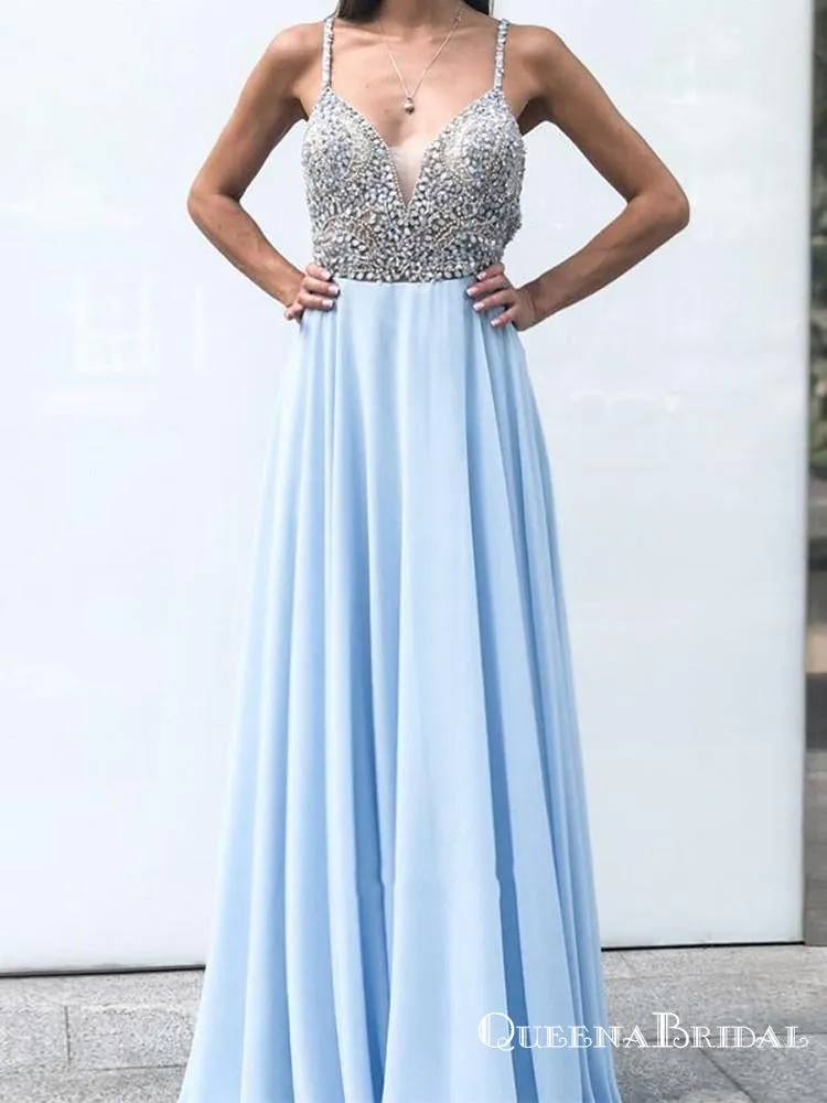 Gorgeous V Neck Spaghetti Strap Chiffon Light Blue Long Prom Dresses with Beaded, QB0605
