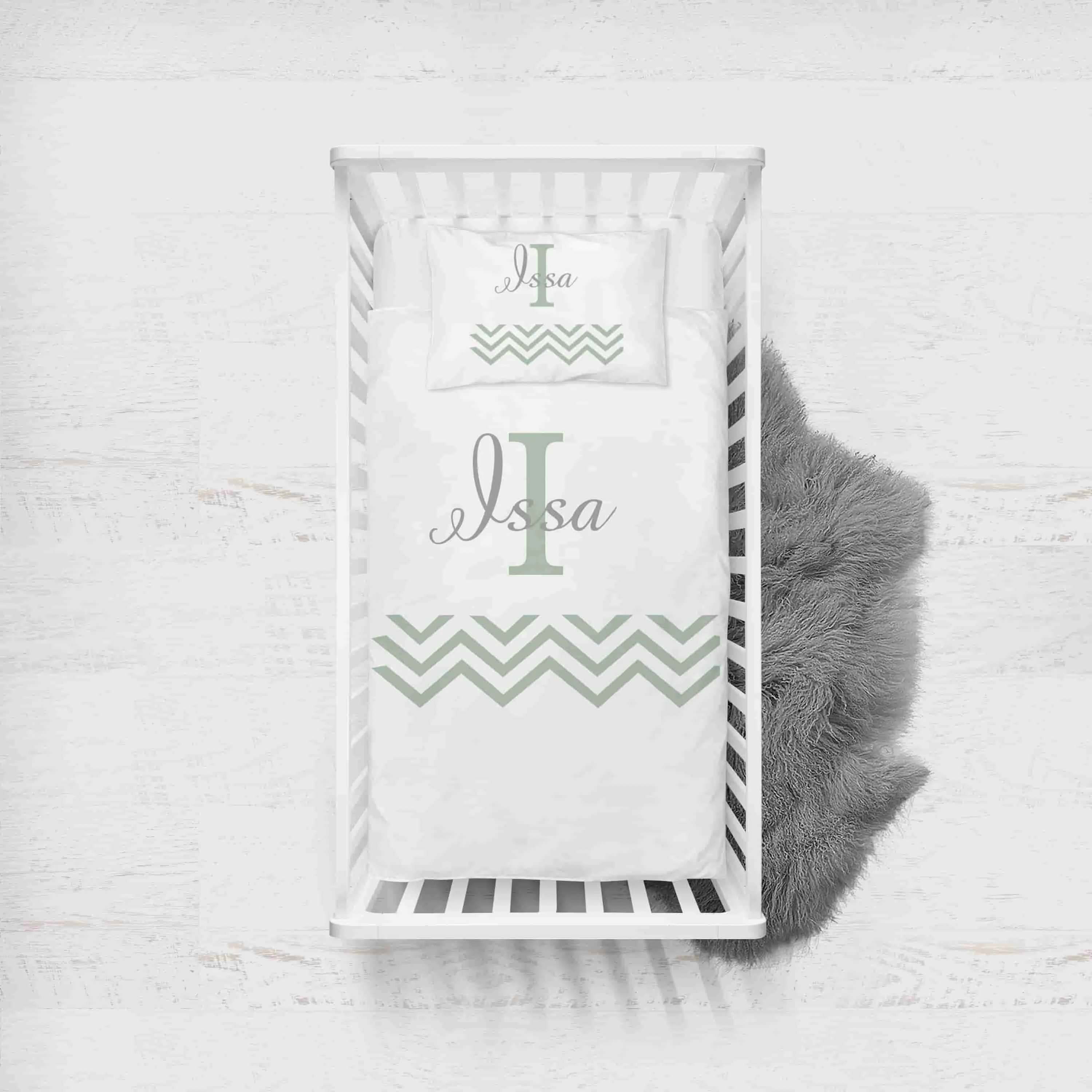 Green and white Themed Personalised Cot Set