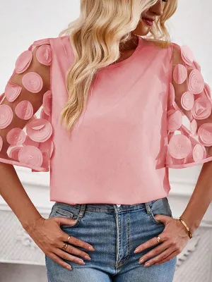 Half Sleeves Loose Hollow Mesh Polka-Dot Solid Color Split-Joint Round-Neck T-Shirts Tops