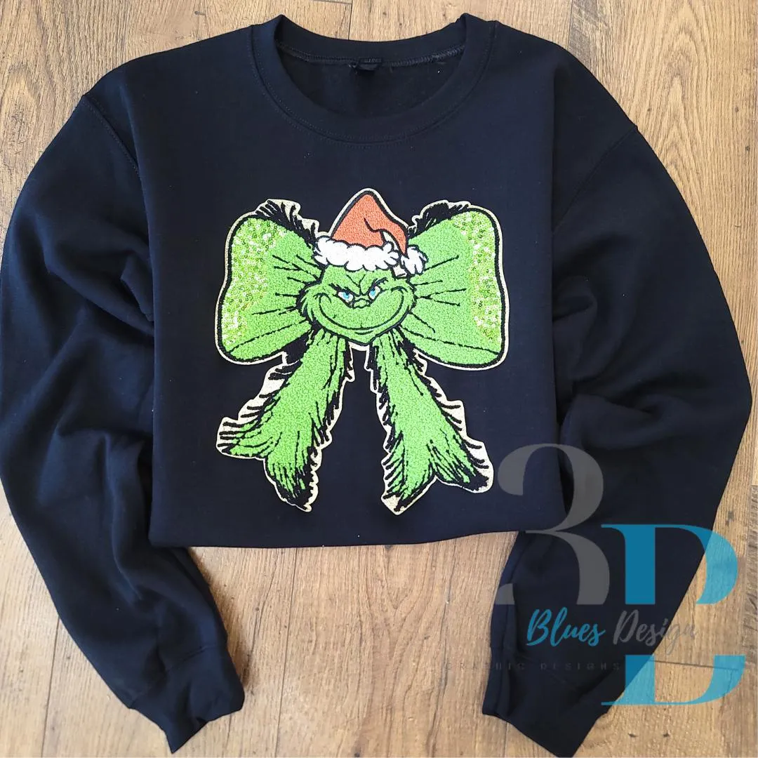 Hazel Blues® |  Grinchhhyy Face Bow Christmas Sequin & Chenille Iron-on Patch
