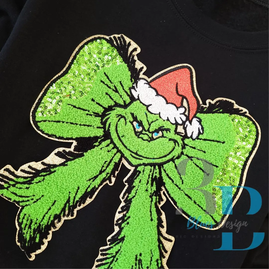 Hazel Blues® |  Grinchhhyy Face Bow Christmas Sequin & Chenille Iron-on Patch