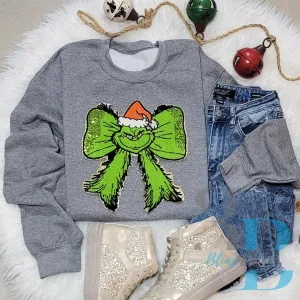 Hazel Blues® |  Grinchhhyy Face Bow Christmas Sequin & Chenille Iron-on Patch