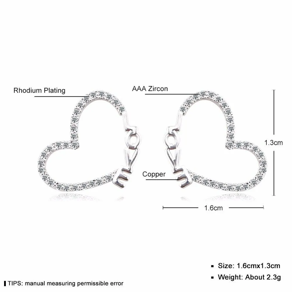 Heart Shape LOVE Pattern White Cubic Zirconia Stud Earrings For Women Fashion Party Accessories Gift For Her
