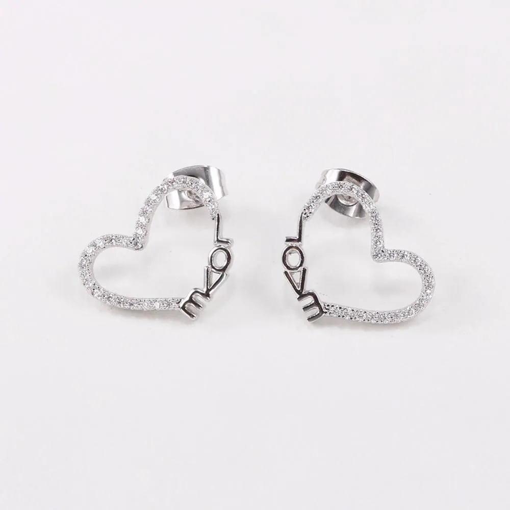 Heart Shape LOVE Pattern White Cubic Zirconia Stud Earrings For Women Fashion Party Accessories Gift For Her
