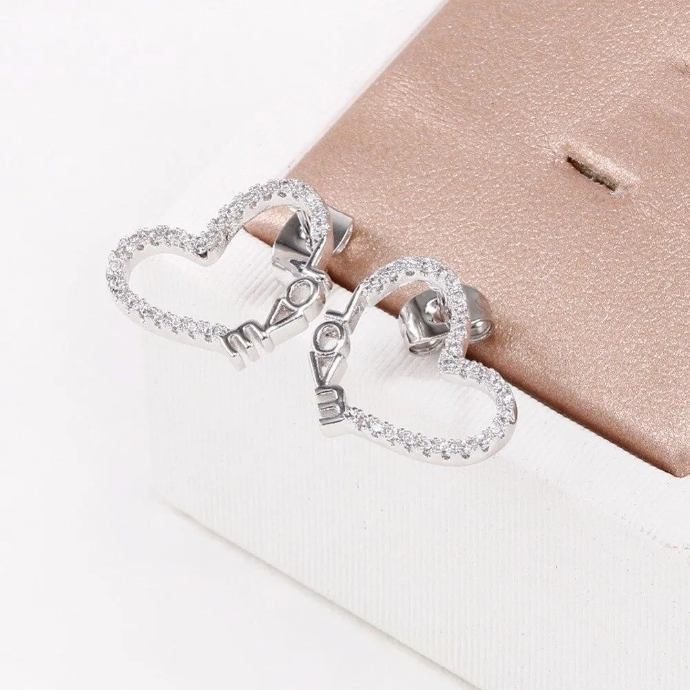 Heart Shape LOVE Pattern White Cubic Zirconia Stud Earrings For Women Fashion Party Accessories Gift For Her